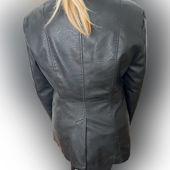 Max Studio Faux Leather Blazer, Size L, Black, Notch Collar,Welt Pockets - Picture 2 of 7